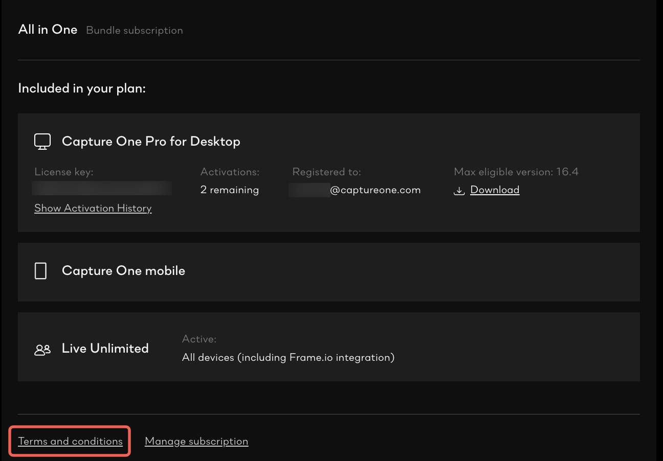 Account terms view