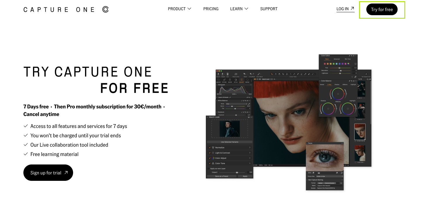Start trial page on captureone.com