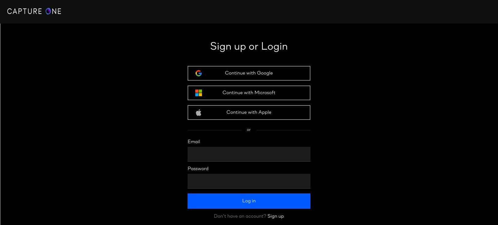 Capture One sign-in or account creation screen