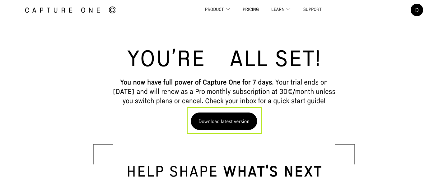 Capture One download page after starting the trial