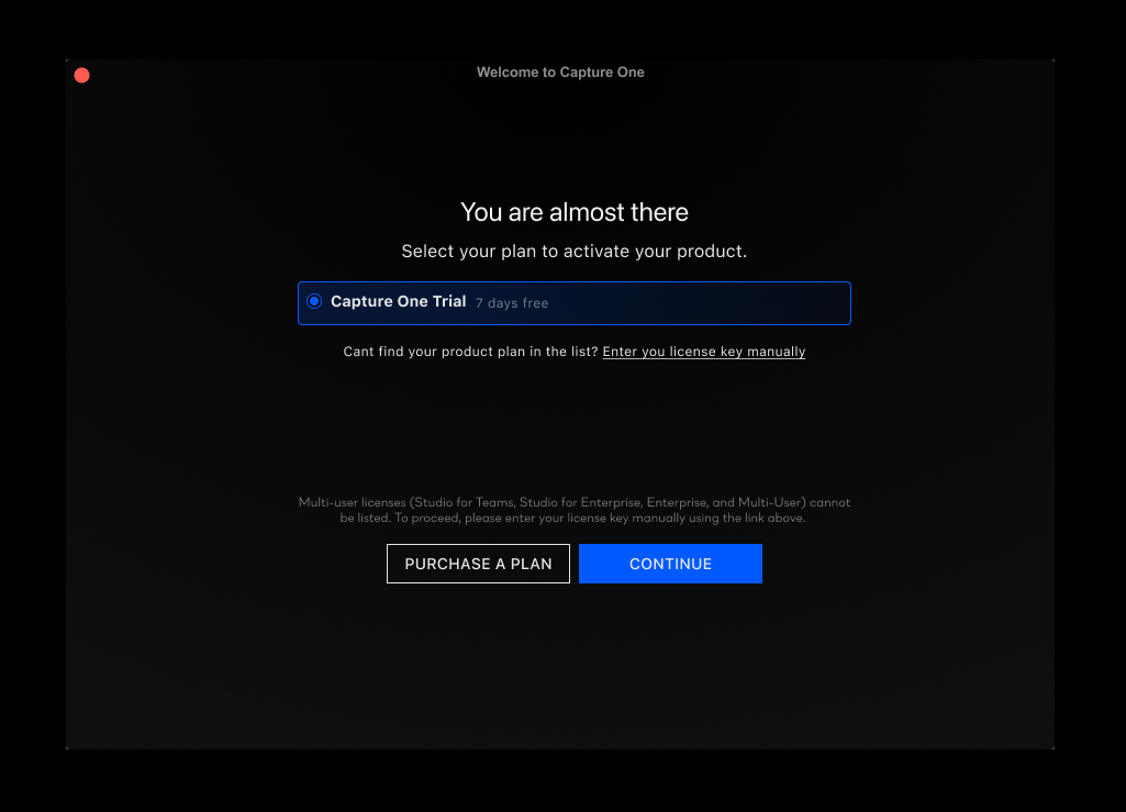 Capture One sign-in dialog inside the app