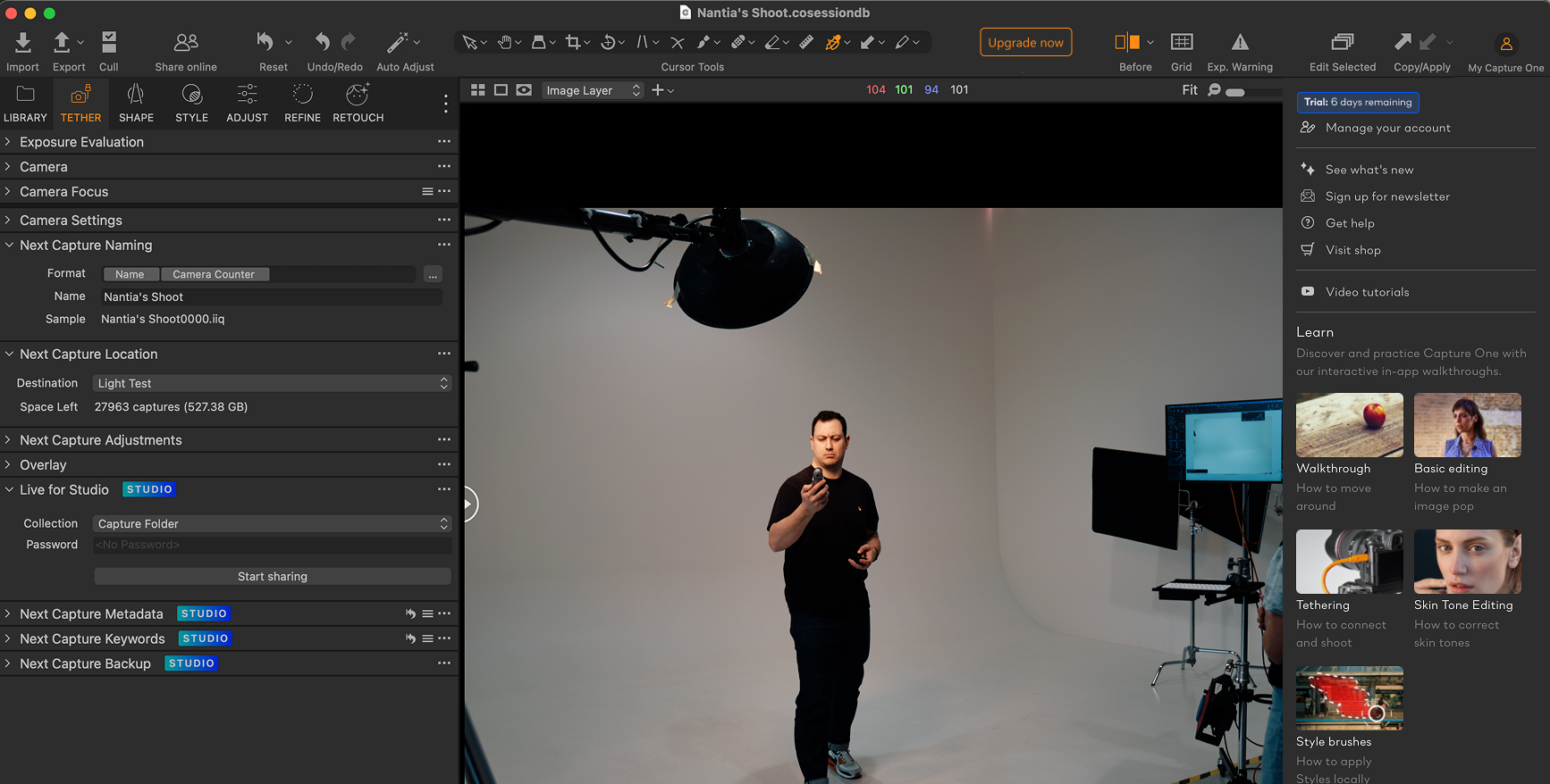 Capture One workspace with trial guidance elements