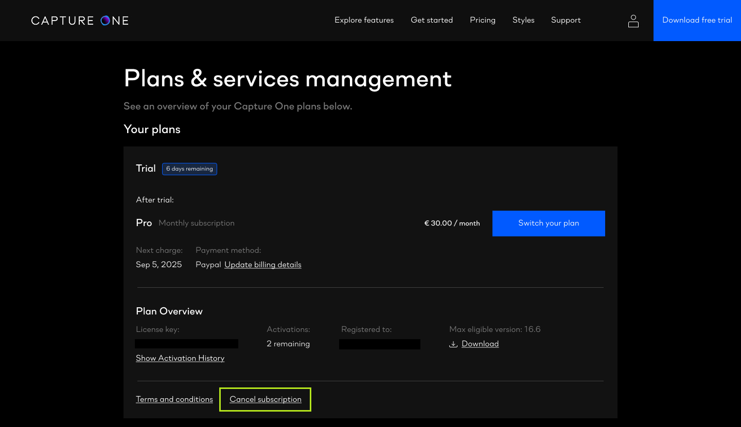 Capture One account cancel trial option