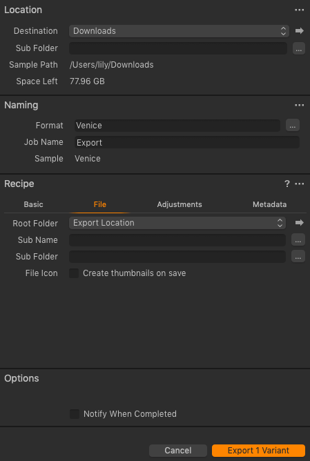 Modifying file settings when exporting images – Capture One